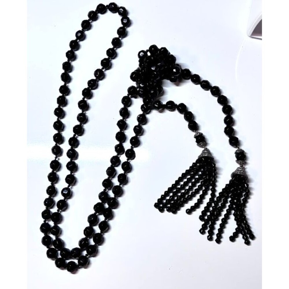 Vtg Art Deco Revival Faceted Black Beaded Lariat Tassel Flapper Necklace